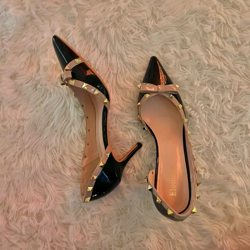 Black Shoes Bowtie Cut Out Sexy Studded Pumps 3" Heels Pointed Toe Rock Stud 9US - Picture 2 of 3